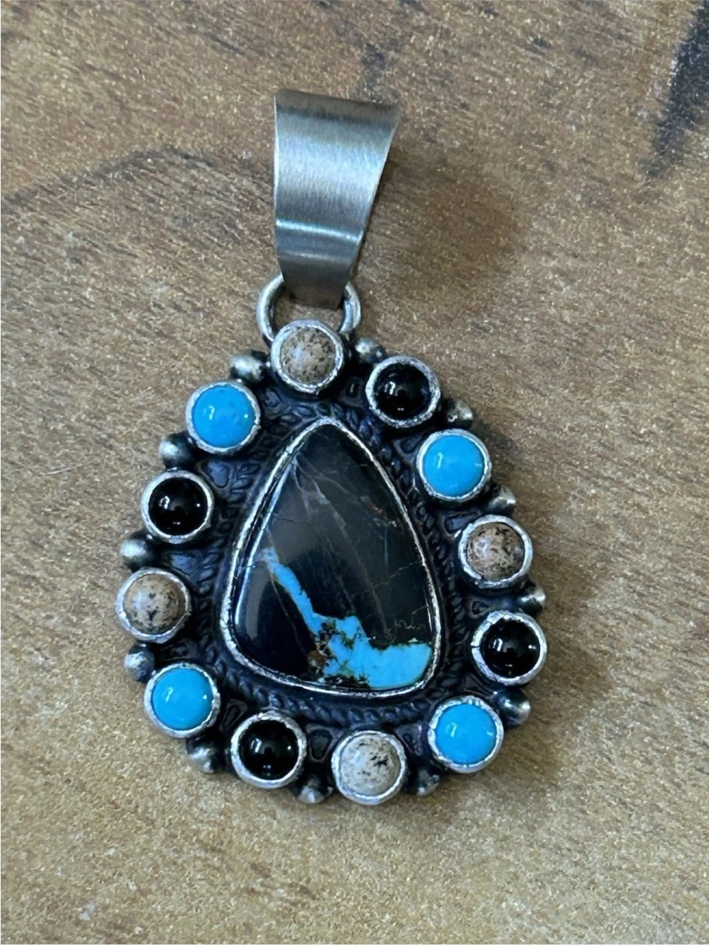 Blackjack Turquoise Mixed Stone Sterling Silver Native Signed Pendant